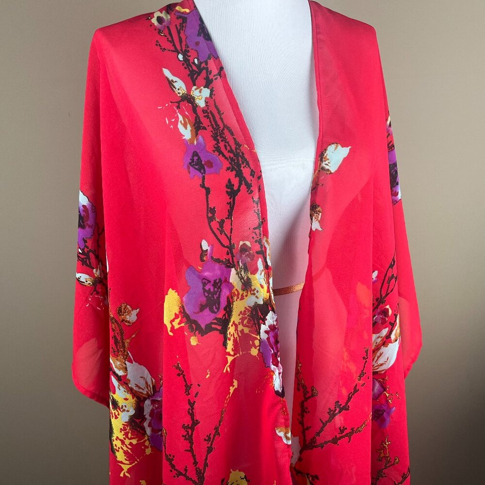 Ultra Pink Open Kimono Cardigan Plus Size 2X Red Black, Floral Print